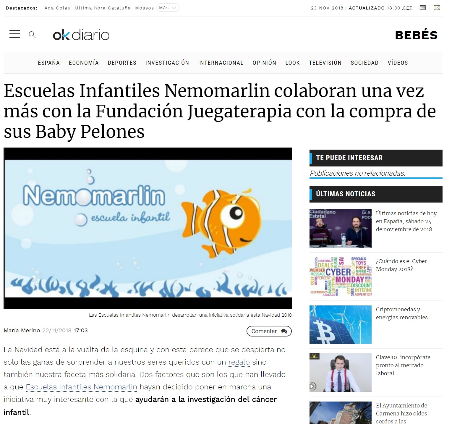 Portada noticia Nemomarlin colaboración con Juegaterapia Baby Pelones en Ok Diario