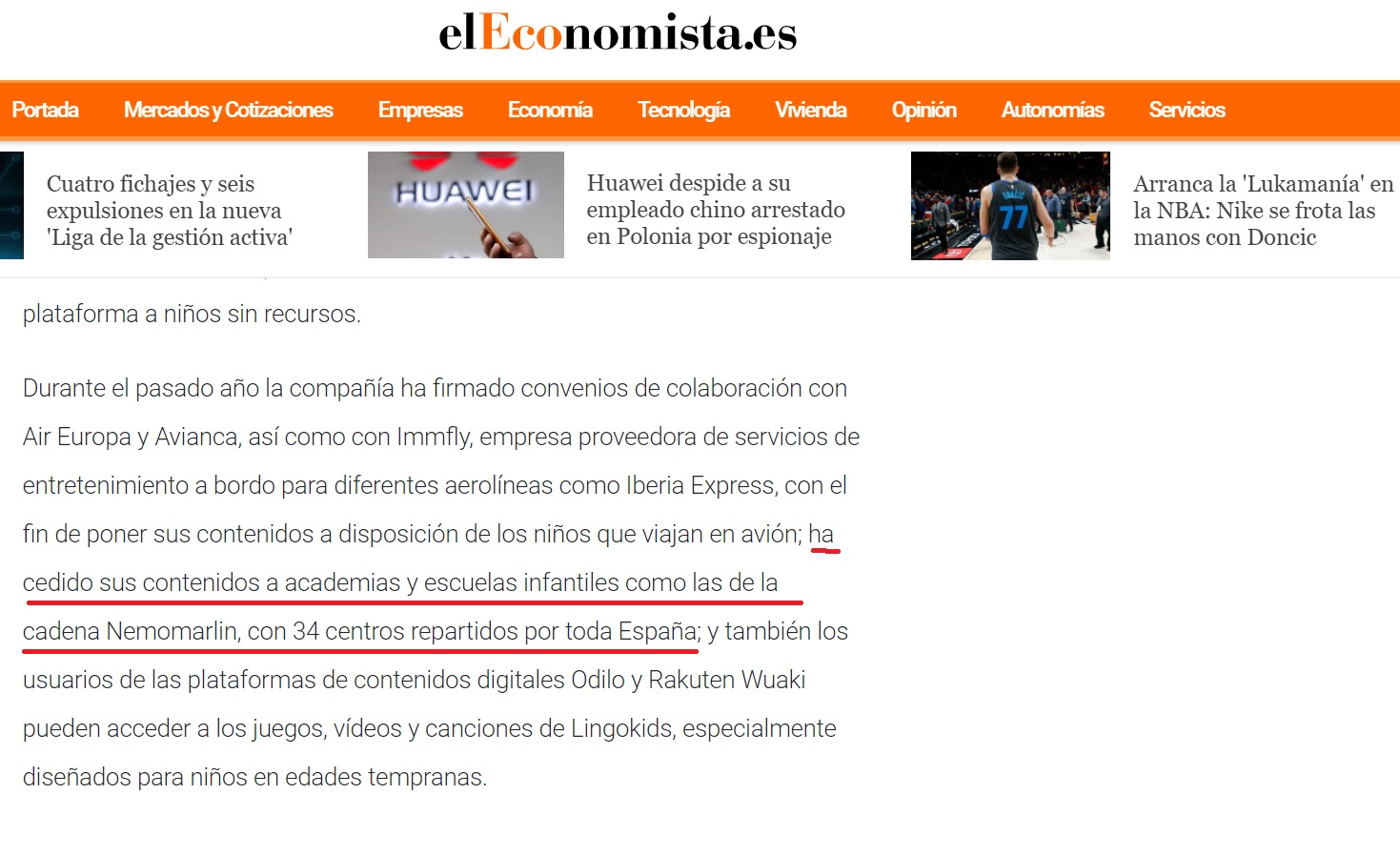 Aparición prensa Nemomarlin Escuelas Infantiles en noticia de Lingokids