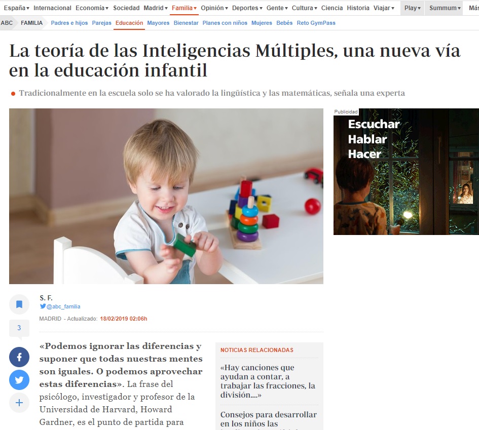 Noticia Nemomarlin escuelas infantiles en abc, teoría inteligencias múltiples