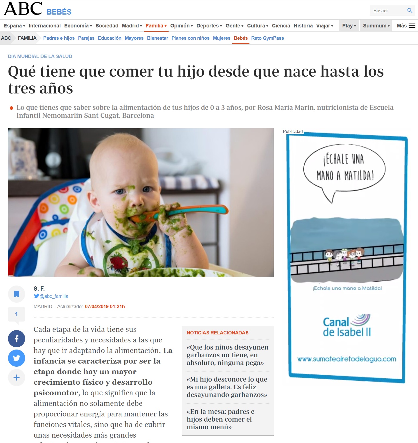 Noticia alimentación saludable para tus hijos