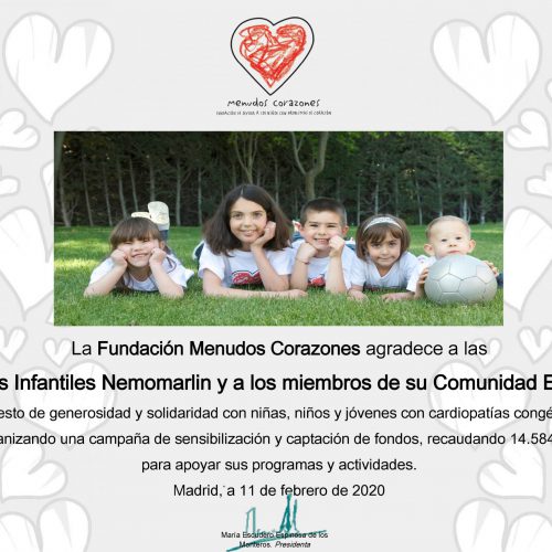 Fundación Menudos Corazones agradece el gran éxito en la campaña de recaudación de fondos, de las escuelas Nemomarlin